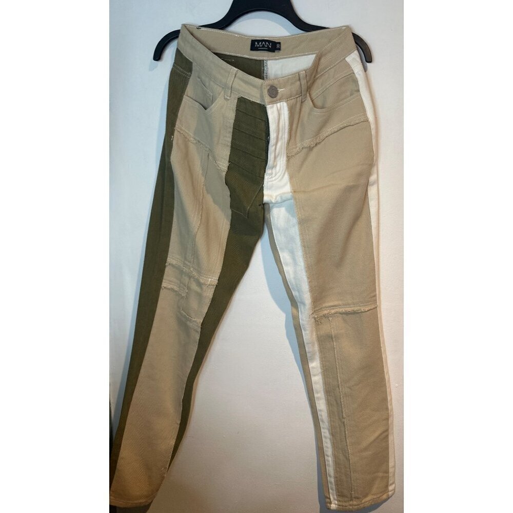 BoohooMAN Men’s 30 Patchwork Jeans Green Beige White Y2K Streetwear Retro  2000s